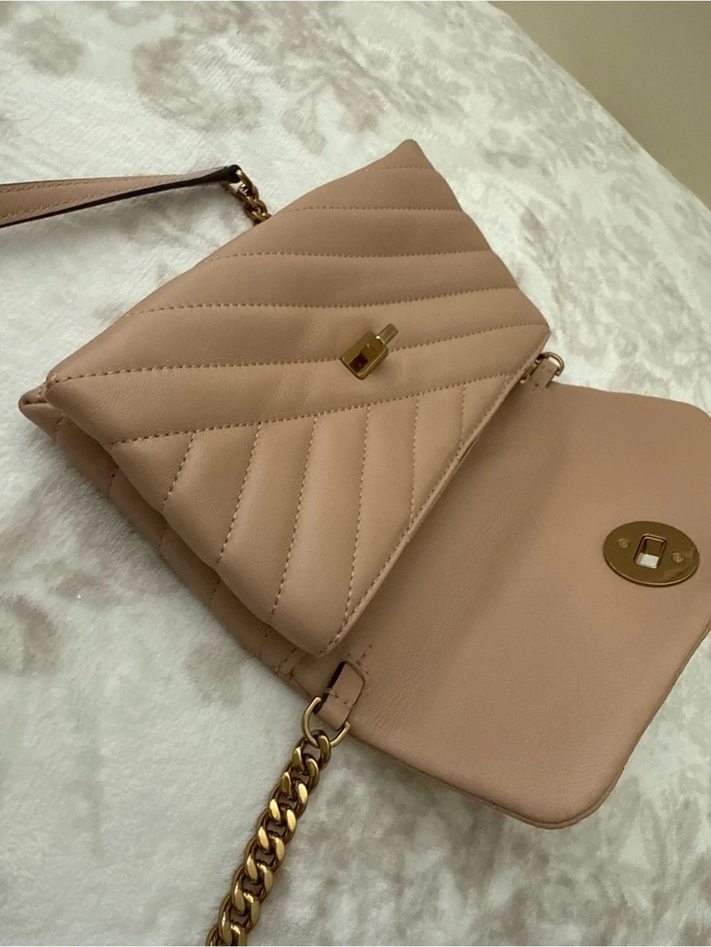 Tory Burch Kira Chevron Leather Small Crossbody Bag Nude with Gold Hardware Logo